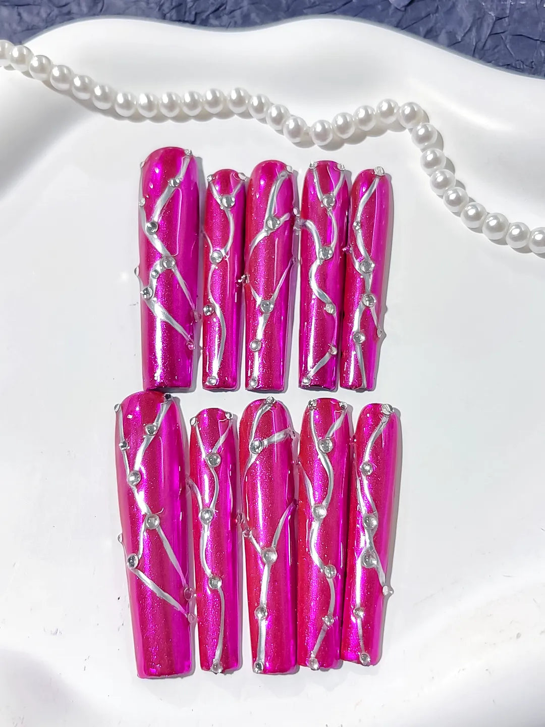 L119 - Long Pink Silver Square Metallic Rhinestone