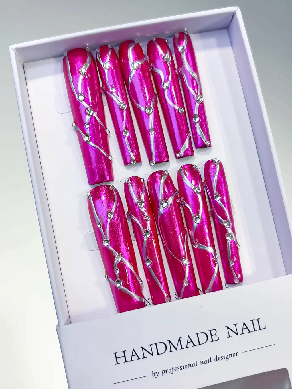 L119 - Long Pink Silver Square Metallic Rhinestone