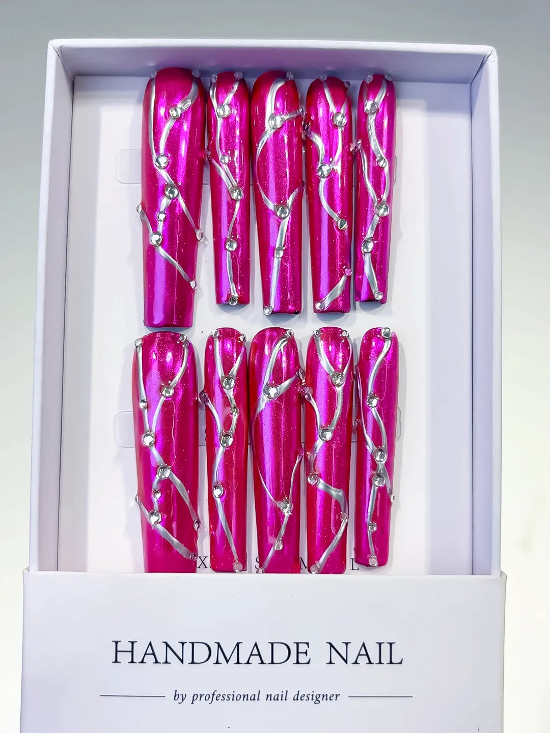 L119 - Long Pink Silver Square Metallic Rhinestone
