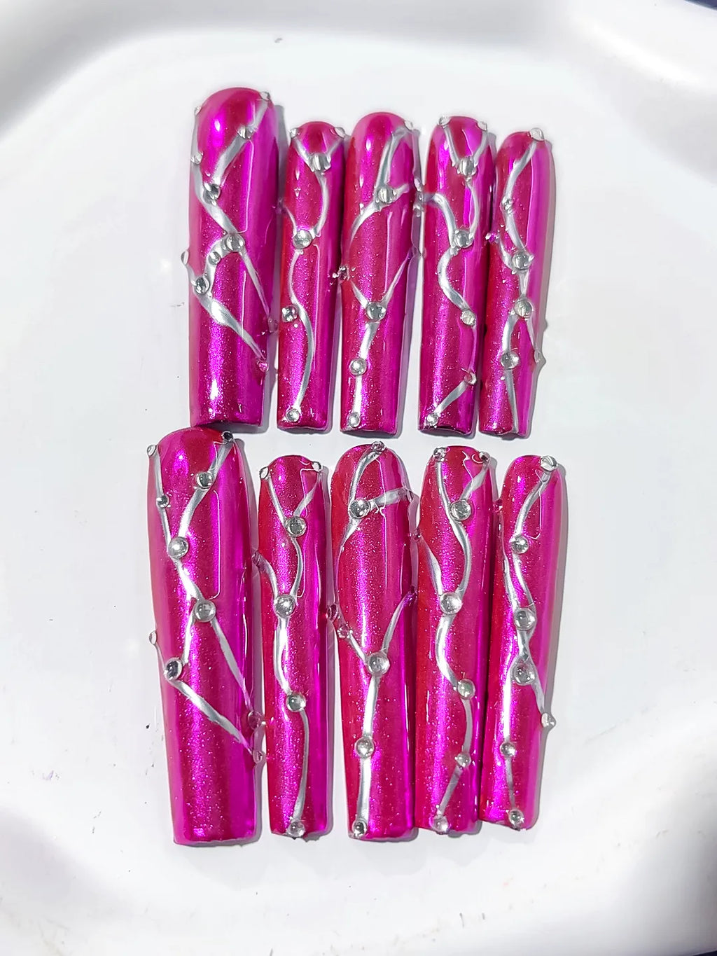 L119 - Long Pink Silver Square Metallic Rhinestone