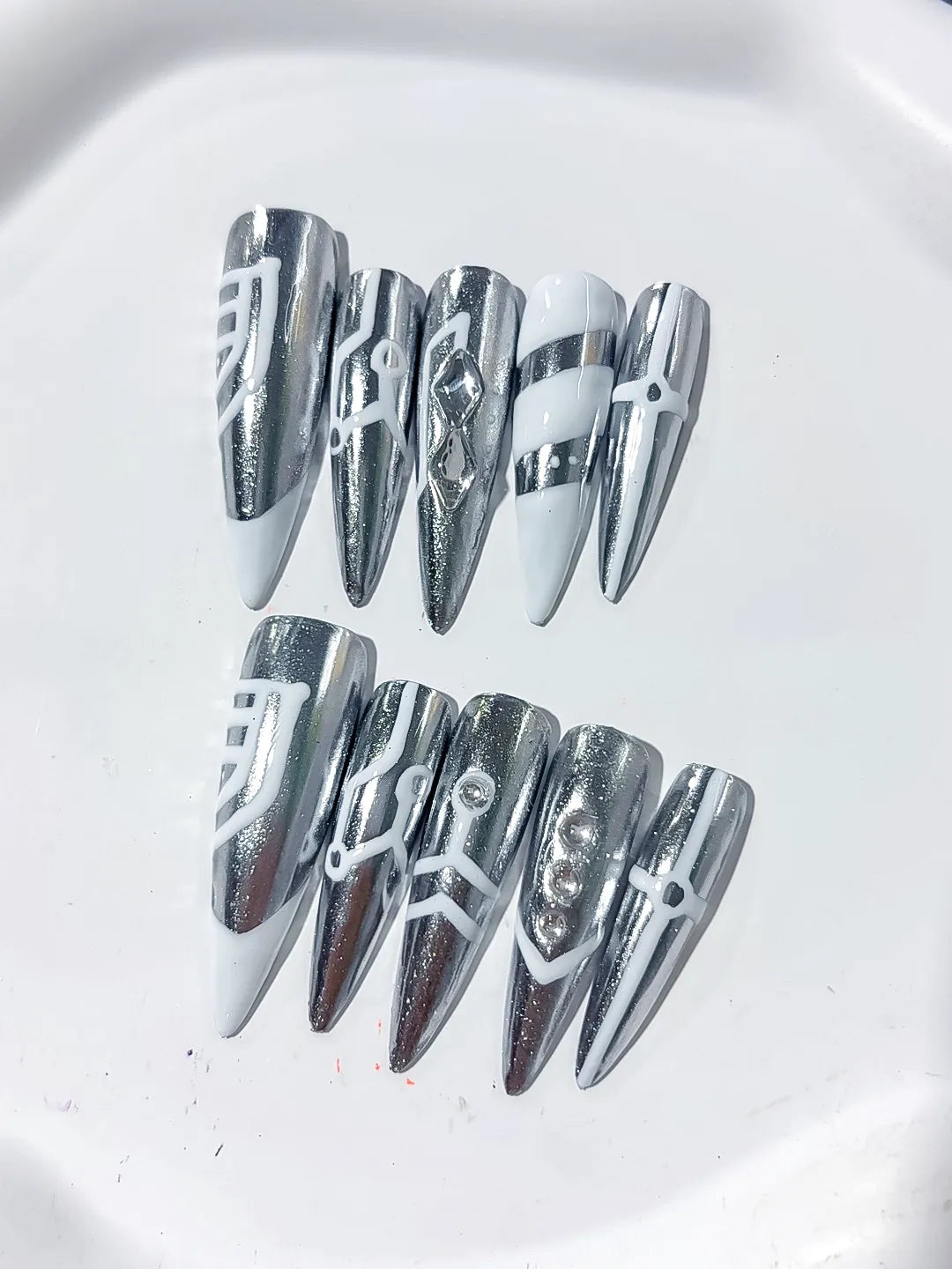 L120 - Long Silver White Stiletto Metallic Geometric Stud