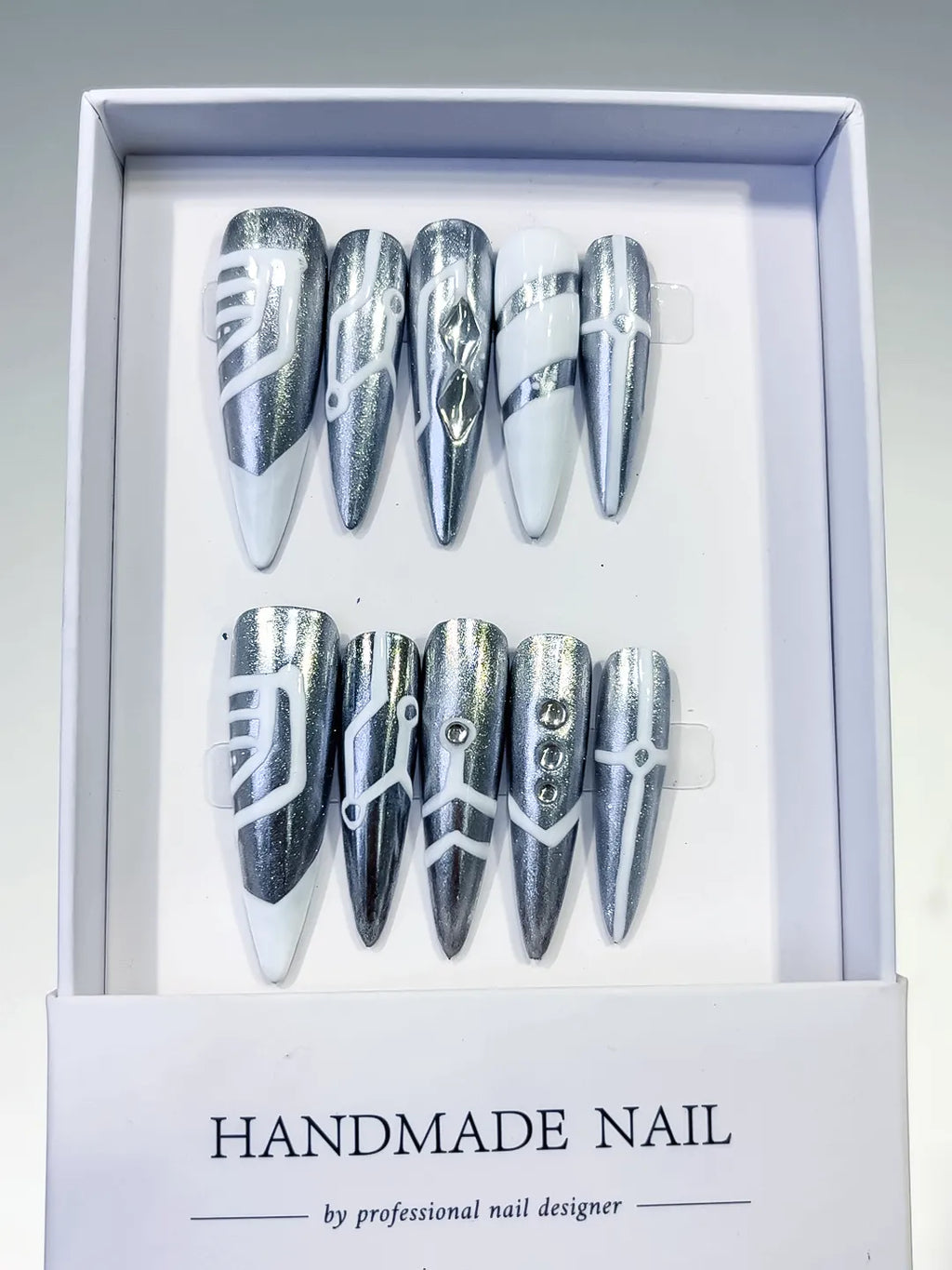 L120 - Long Silver White Stiletto Metallic Geometric Stud
