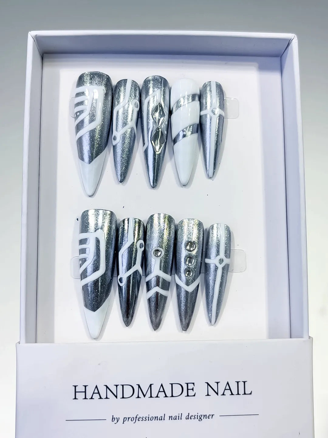L120 - Long Silver White Stiletto Metallic Geometric Stud