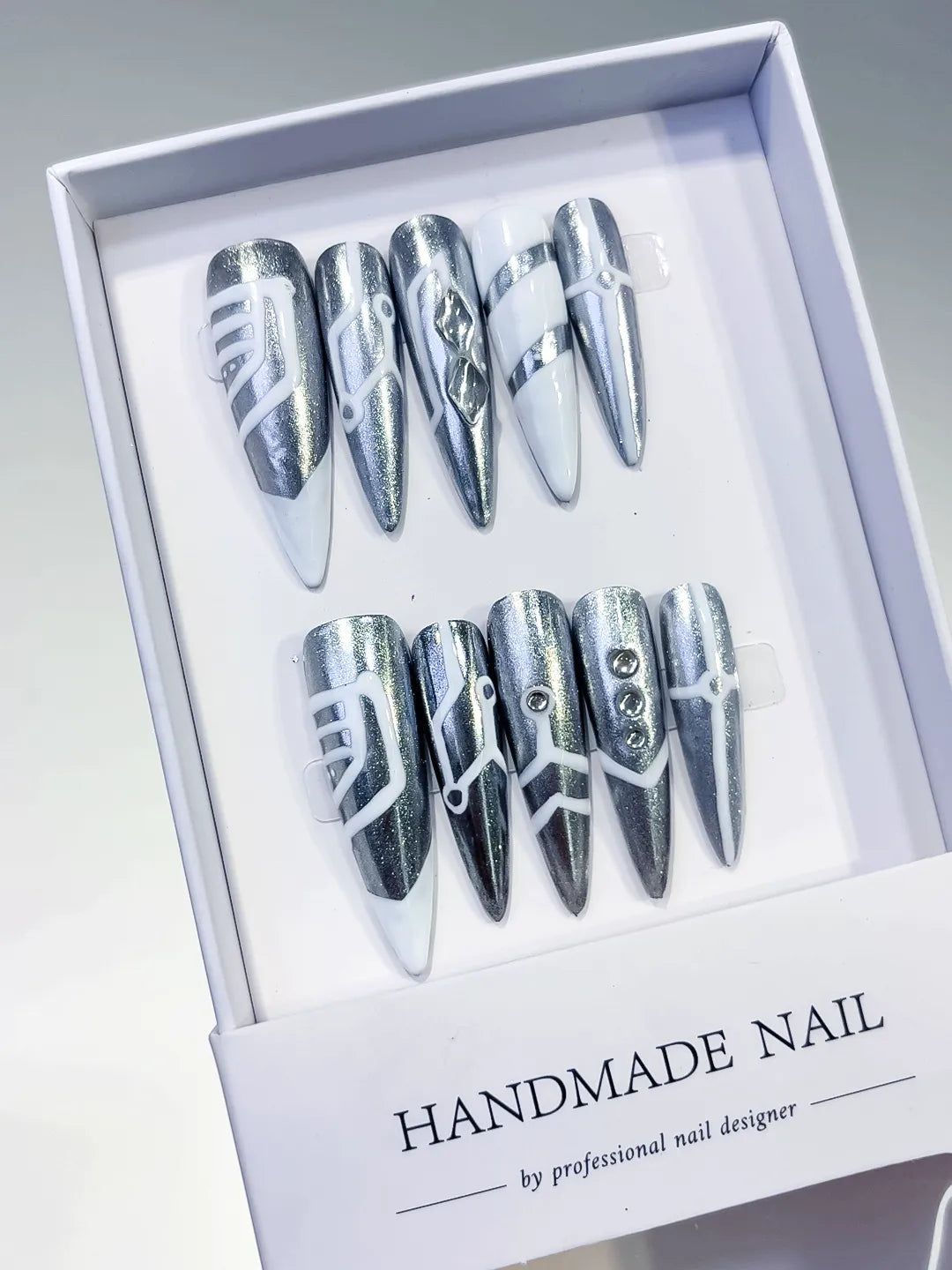 L120 - Long Silver White Stiletto Metallic Geometric Stud