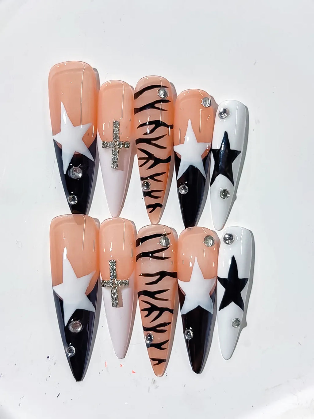L121 - Long Nude White Stiletto Abstract Star Animal Print