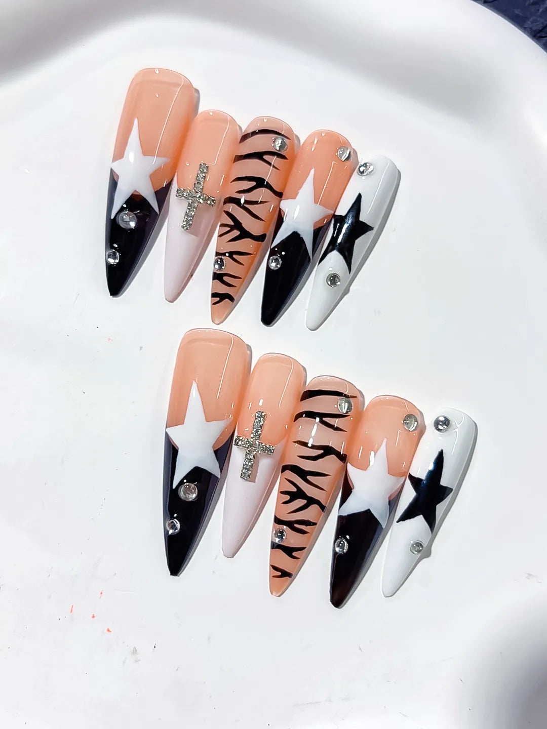 L121 - Long Nude White Stiletto Abstract Star Animal Print