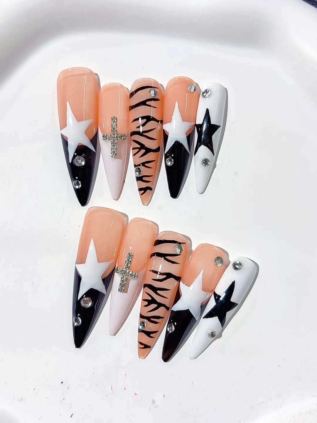 L121 - Long Nude White Stiletto Abstract Star Animal Print
