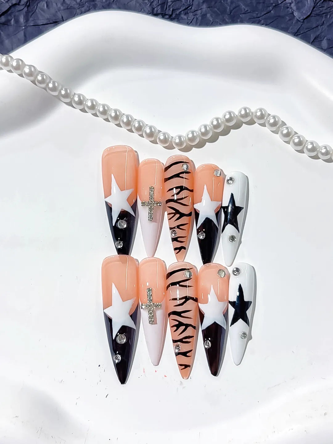 L121 - Long Nude White Stiletto Abstract Star Animal Print
