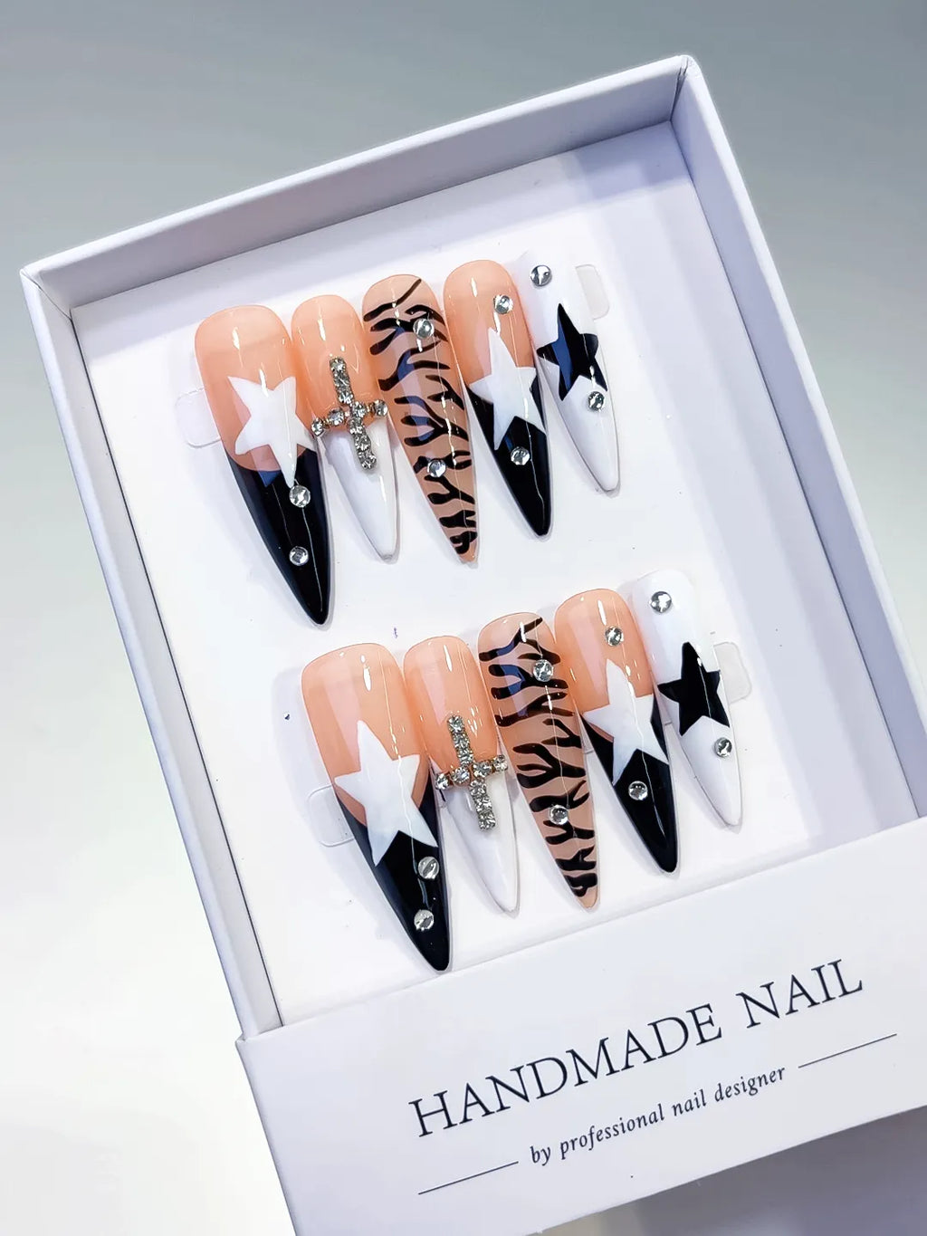 L121 - Long Nude White Stiletto Abstract Star Animal Print
