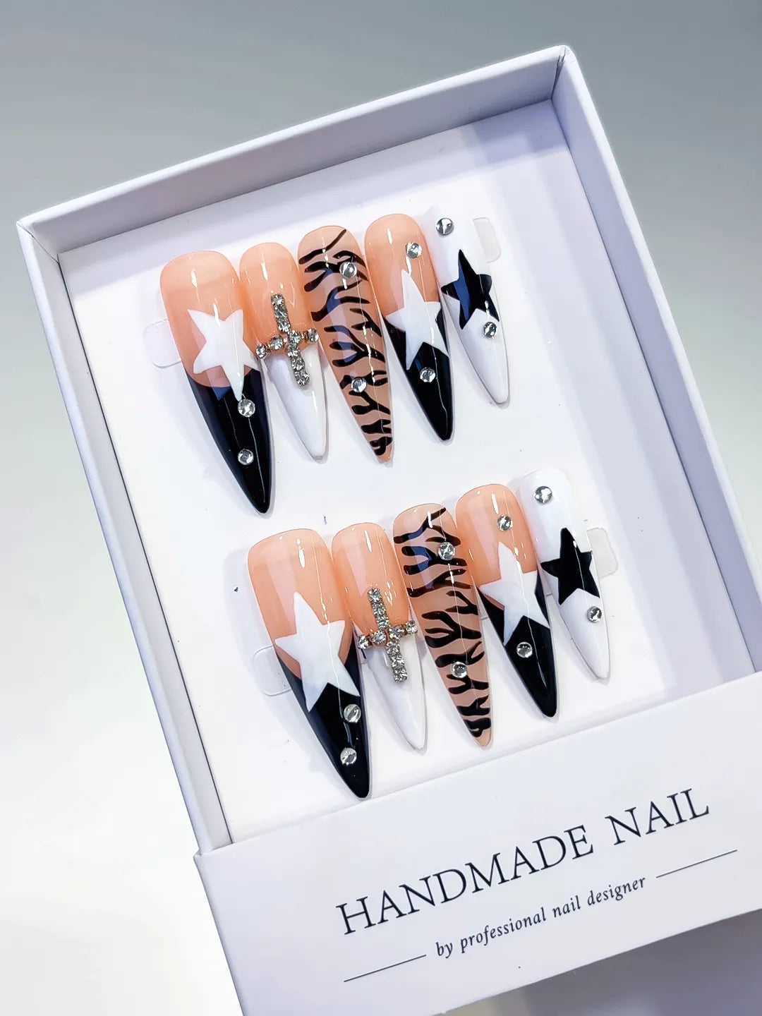 L121 - Long Nude White Stiletto Abstract Star Animal Print