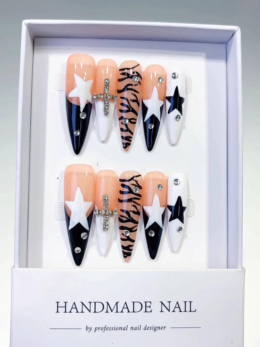 L121 - Long Nude White Stiletto Abstract Star Animal Print
