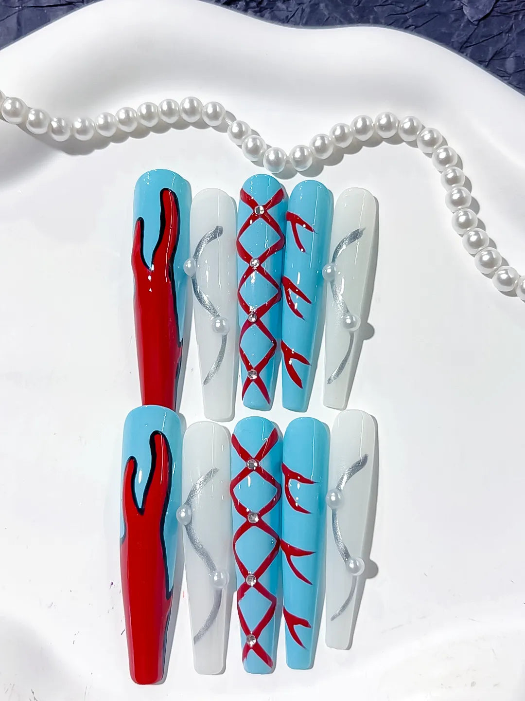 L123 - Long Blue White Coffin Abstract Lattice Pearl