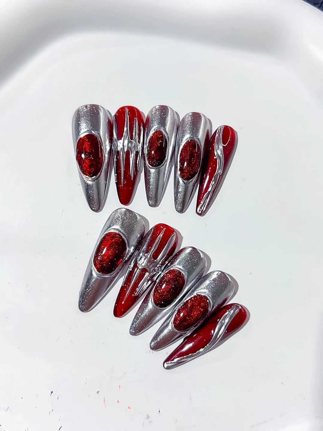 L124 - Long Silver Red Stiletto Metallic