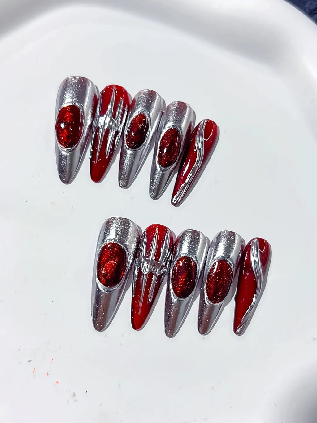 L124 - Long Silver Red Stiletto Metallic