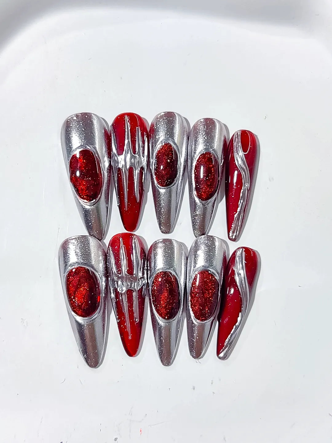 L124 - Long Silver Red Stiletto Metallic