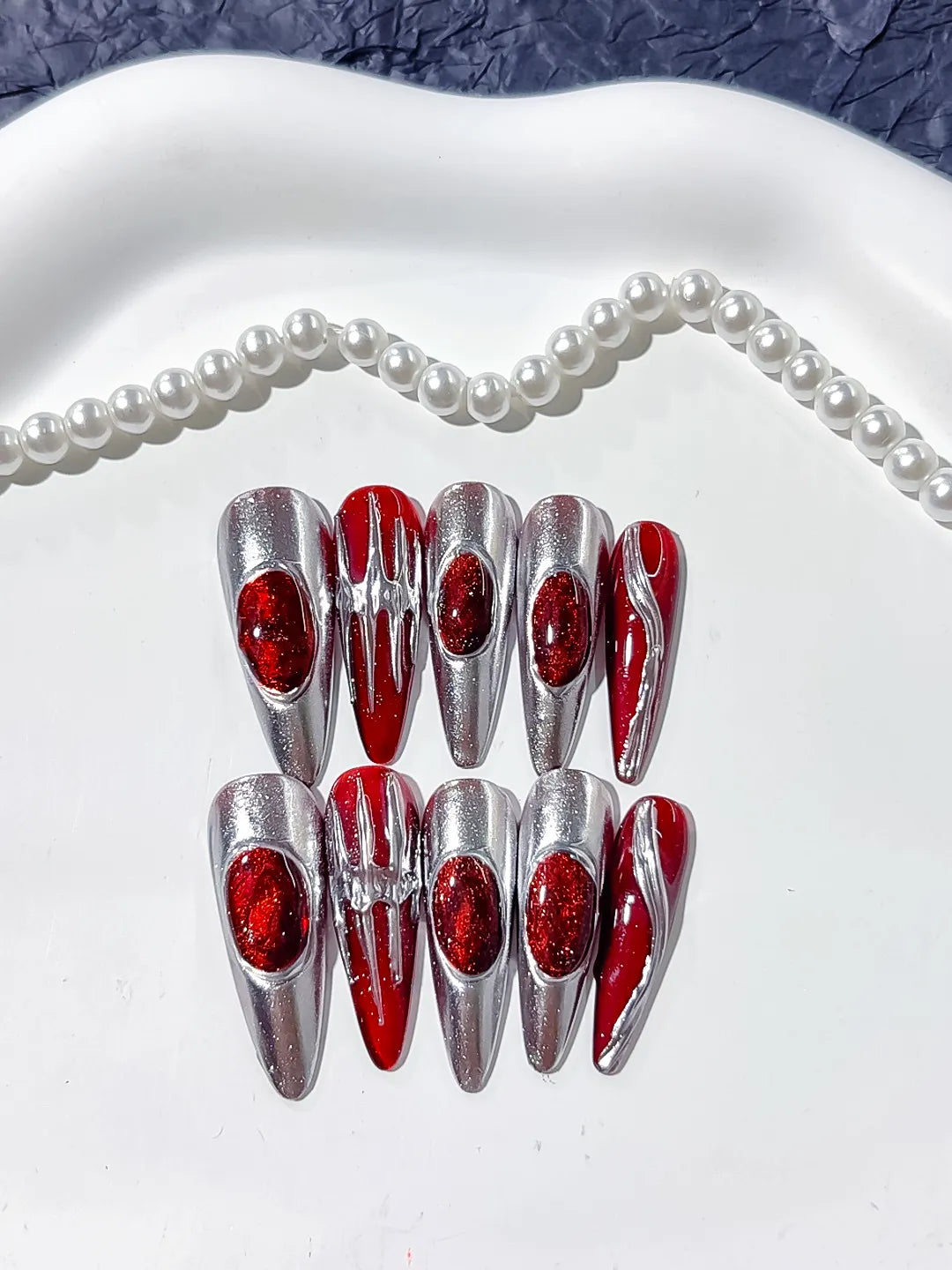 L124 - Long Silver Red Stiletto Metallic