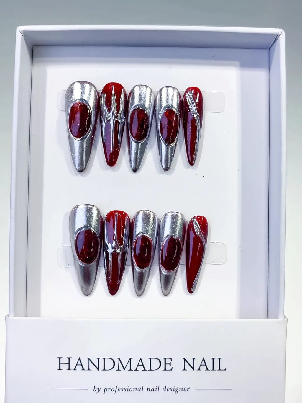 L124 - Long Silver Red Stiletto Metallic