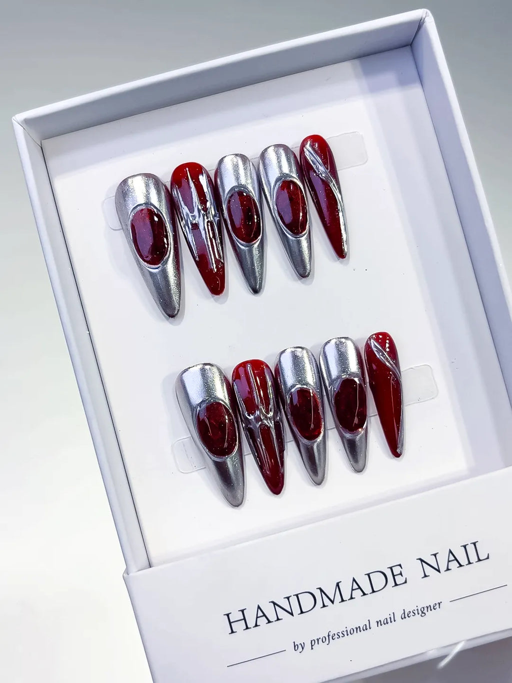L124 - Long Silver Red Stiletto Metallic