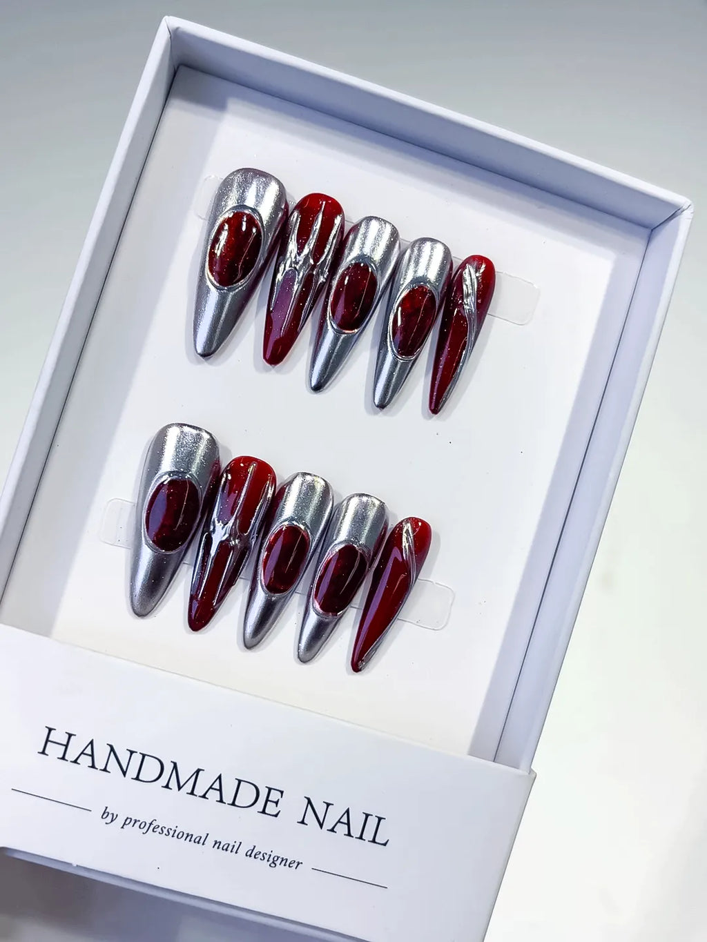 L124 - Long Silver Red Stiletto Metallic
