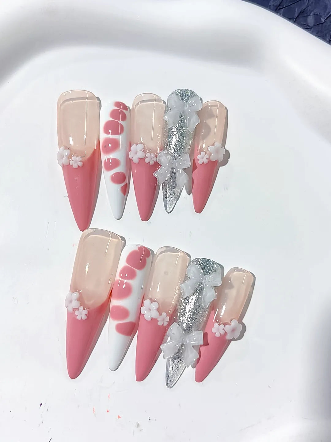 L125 - Long Nude Pink Stiletto Ombre Flower Bow