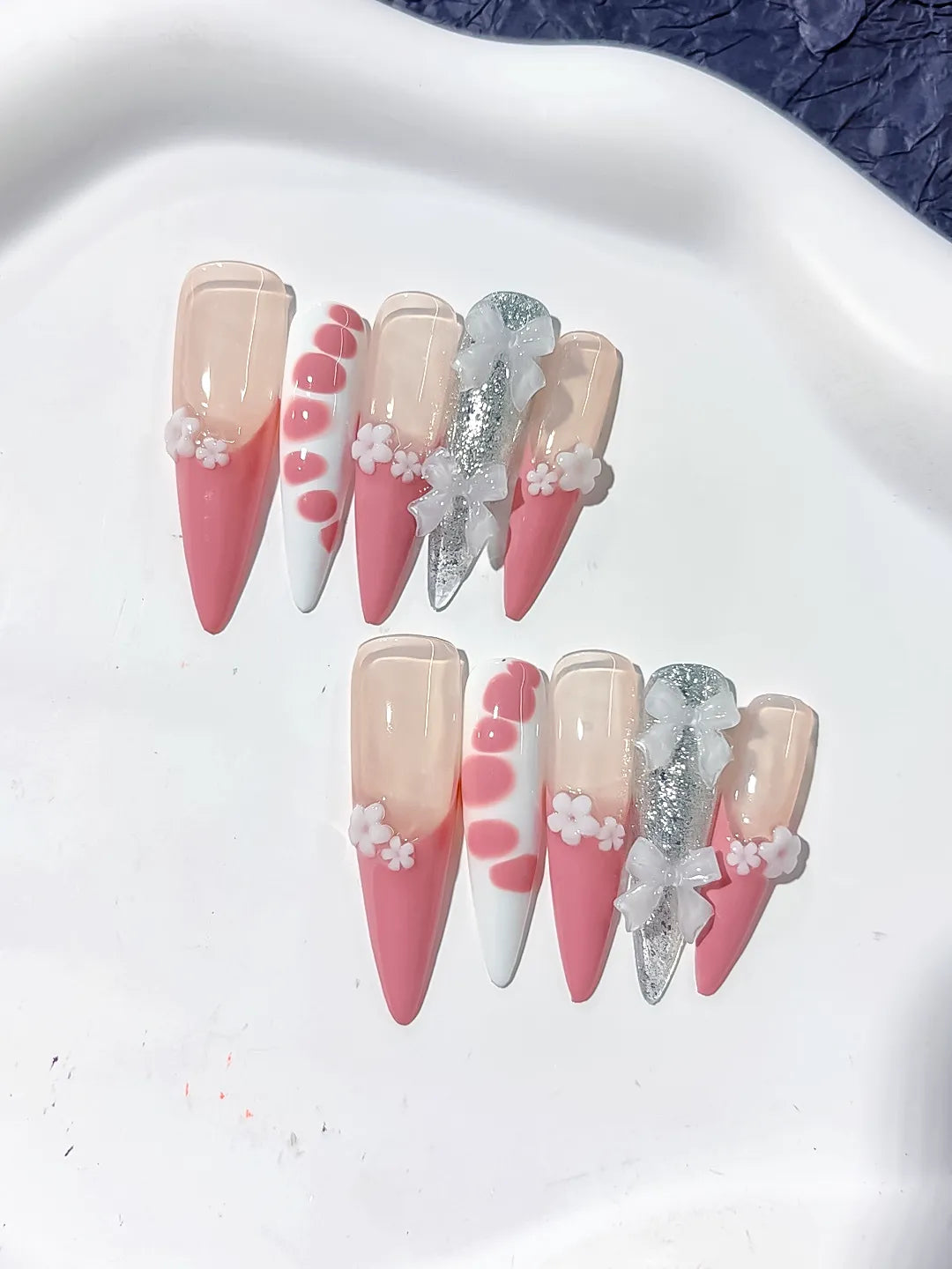 L125 - Long Nude Pink Stiletto Ombre Flower Bow