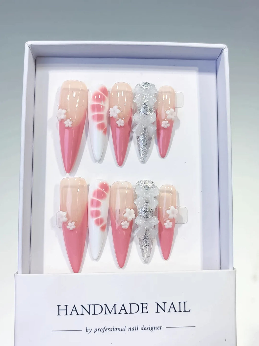 L125 - Long Nude Pink Stiletto Ombre Flower Bow