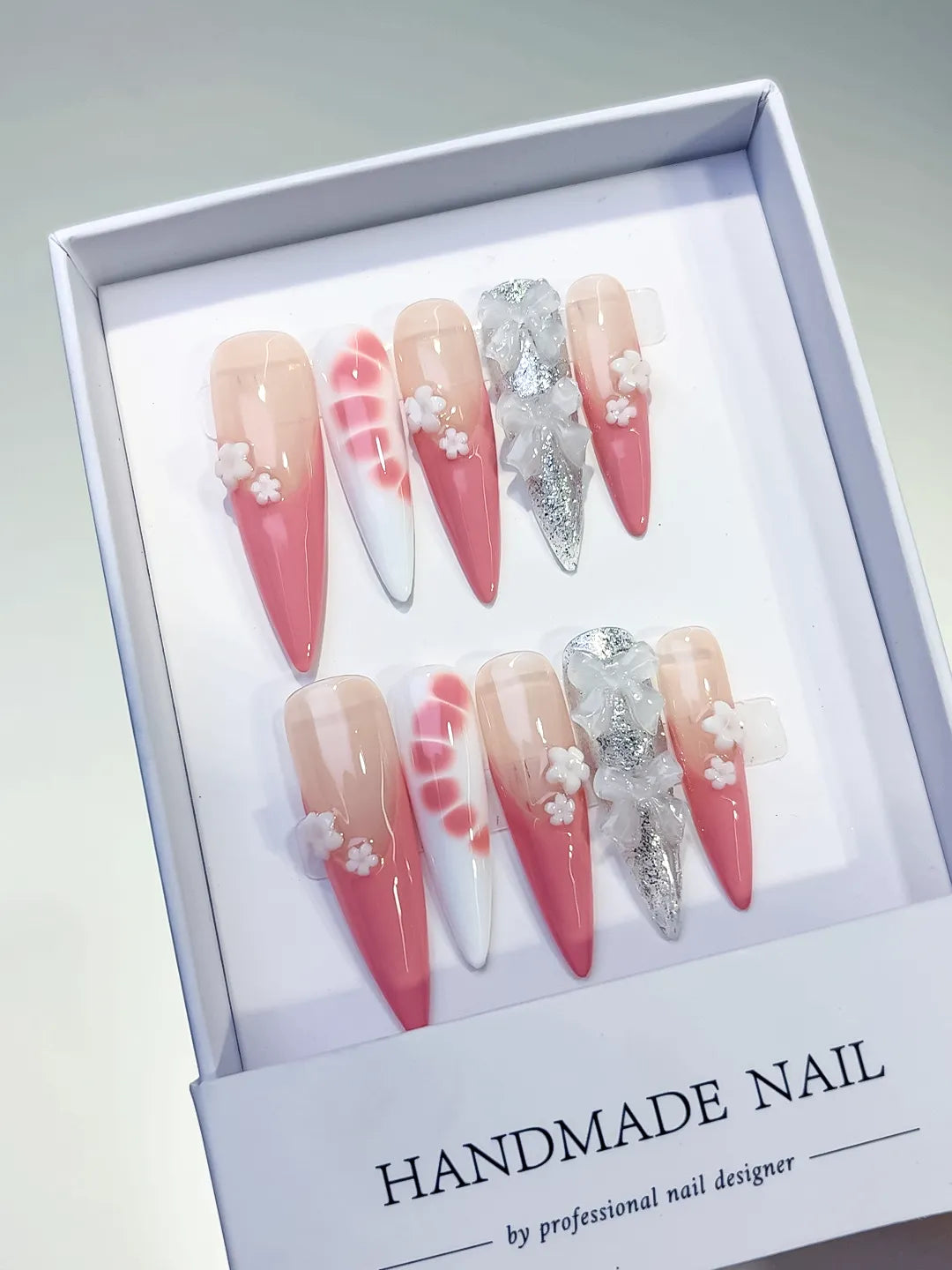 L125 - Long Nude Pink Stiletto Ombre Flower Bow