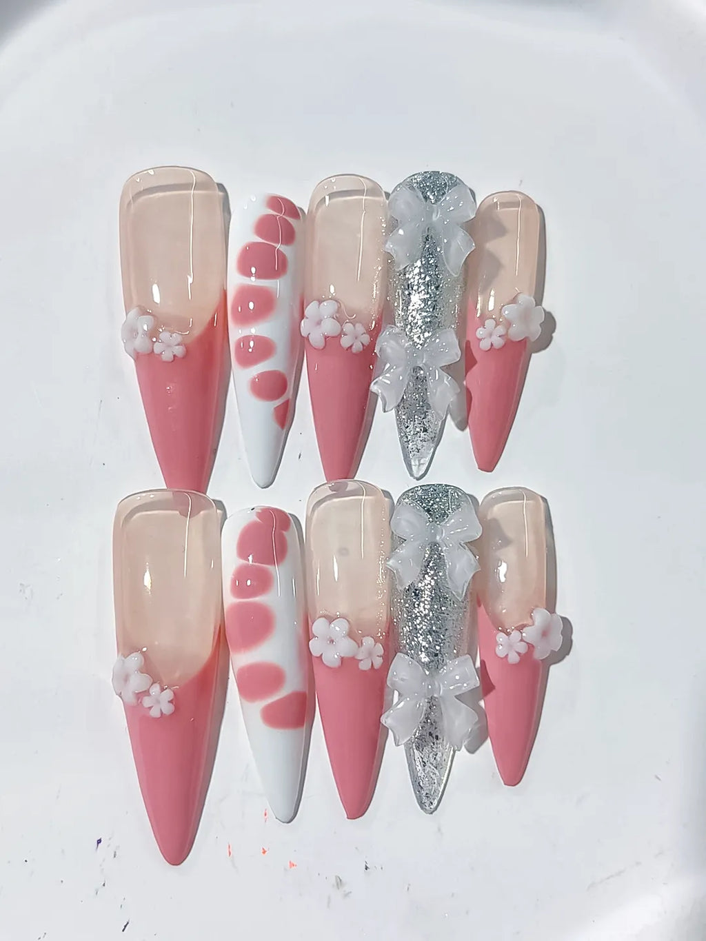 L125 - Long Nude Pink Stiletto Ombre Flower Bow