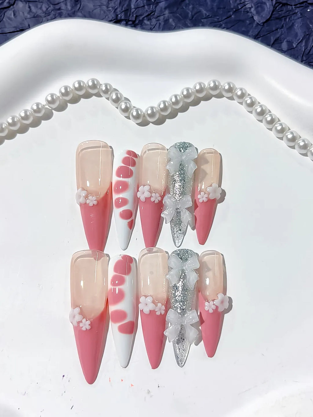 L125 - Long Nude Pink Stiletto Ombre Flower Bow