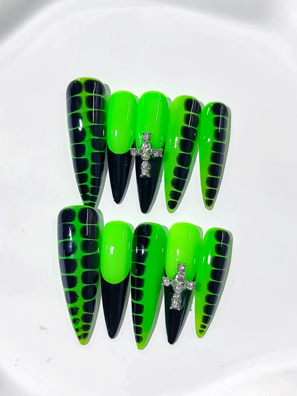 L126 - Long Green Black Stiletto Abstract Animal Print Cross