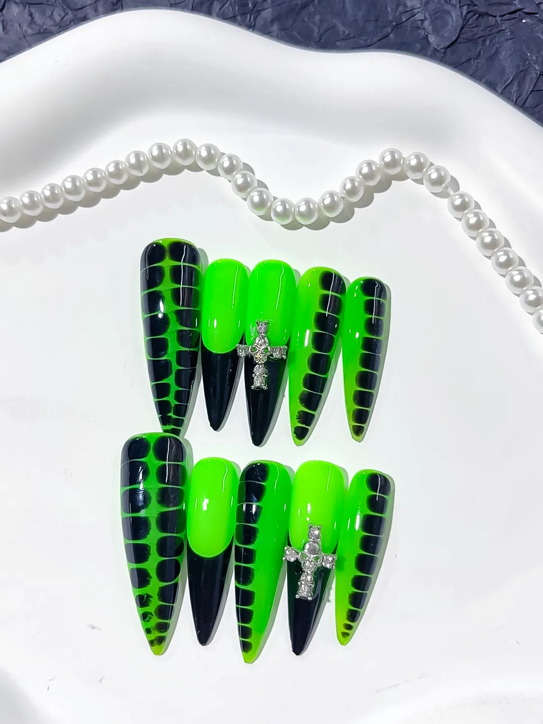 L126 - Long Green Black Stiletto Abstract Animal Print Cross