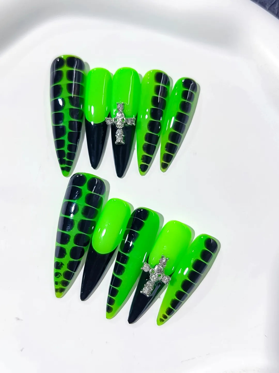 L126 - Long Green Black Stiletto Abstract Animal Print Cross