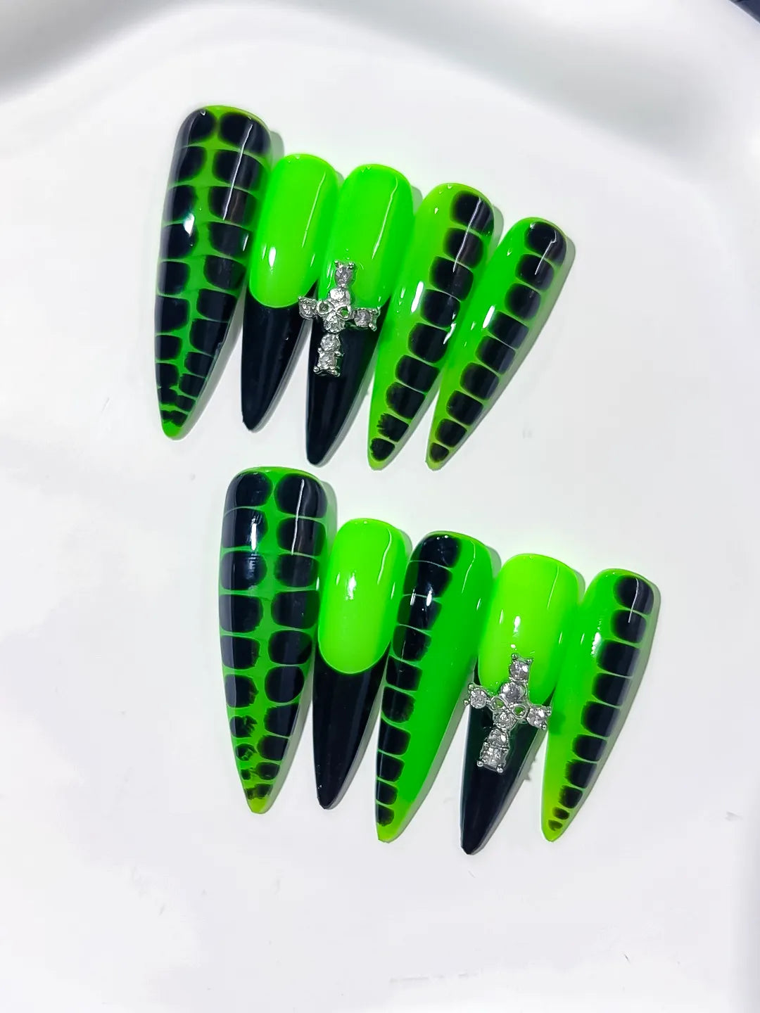 L126 - Long Green Black Stiletto Abstract Animal Print Cross