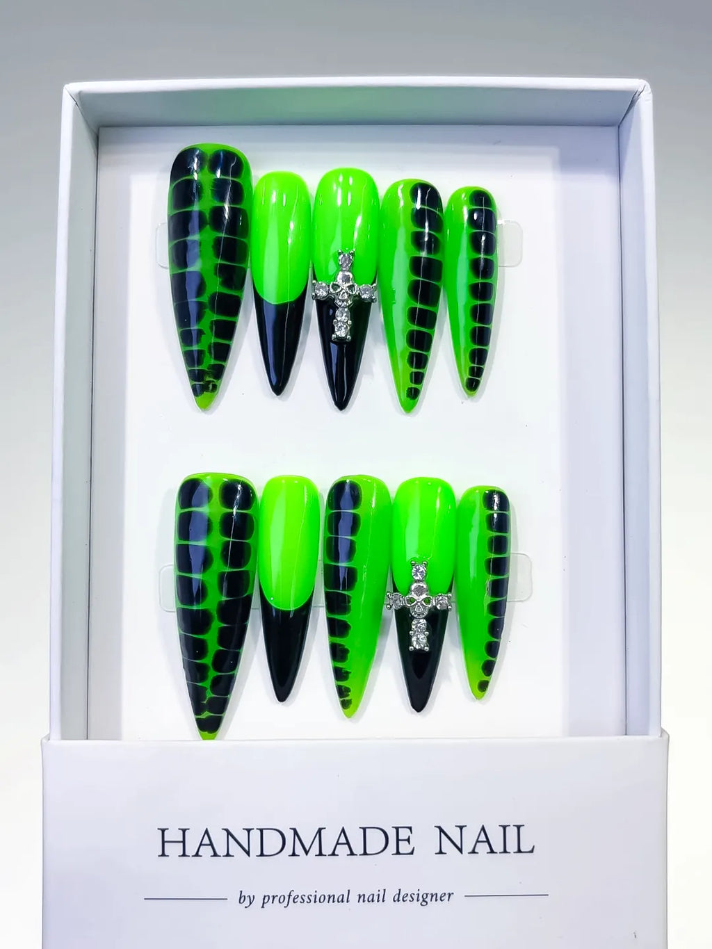 L126 - Long Green Black Stiletto Abstract Animal Print Cross