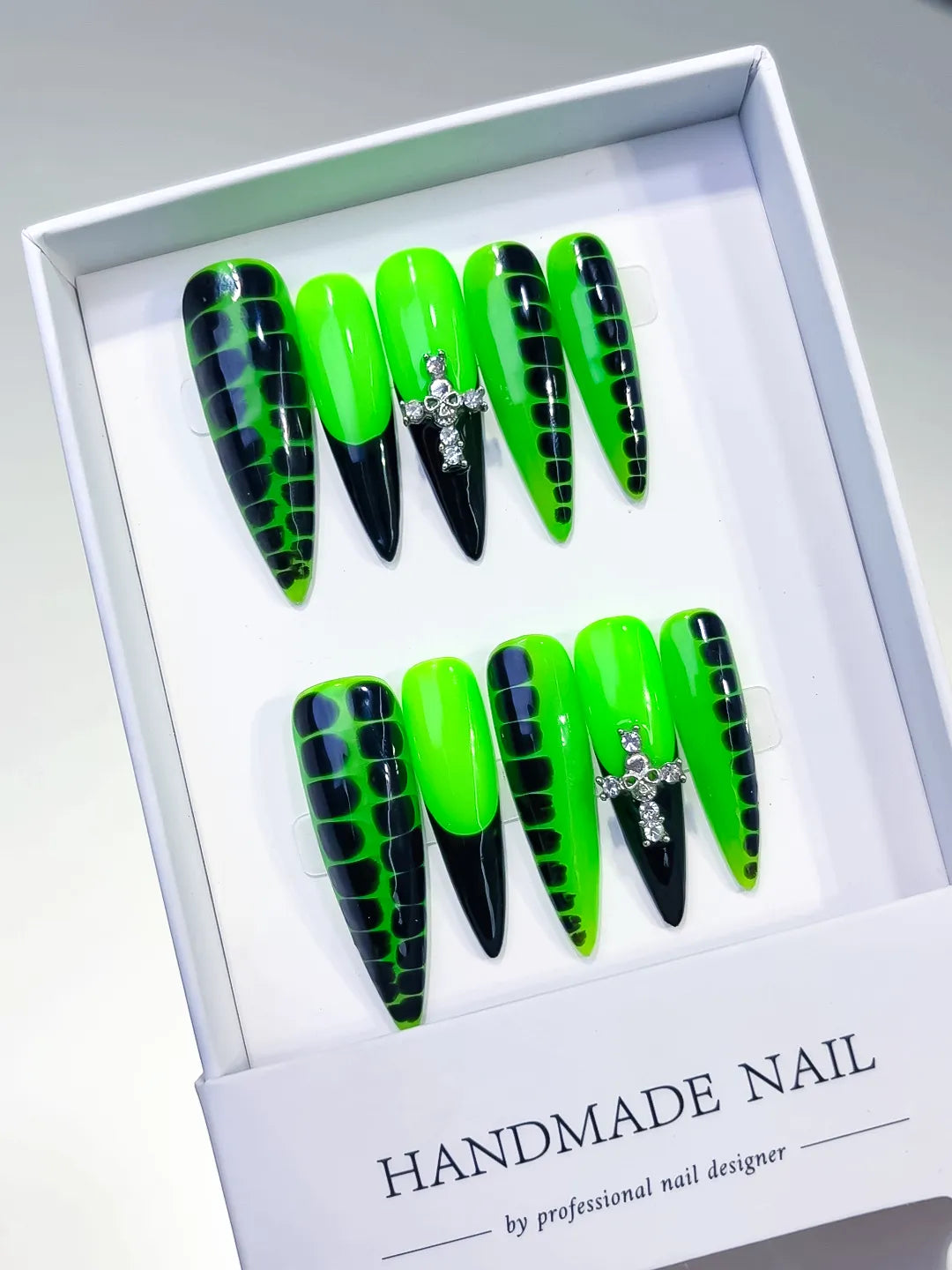 L126 - Long Green Black Stiletto Abstract Animal Print Cross