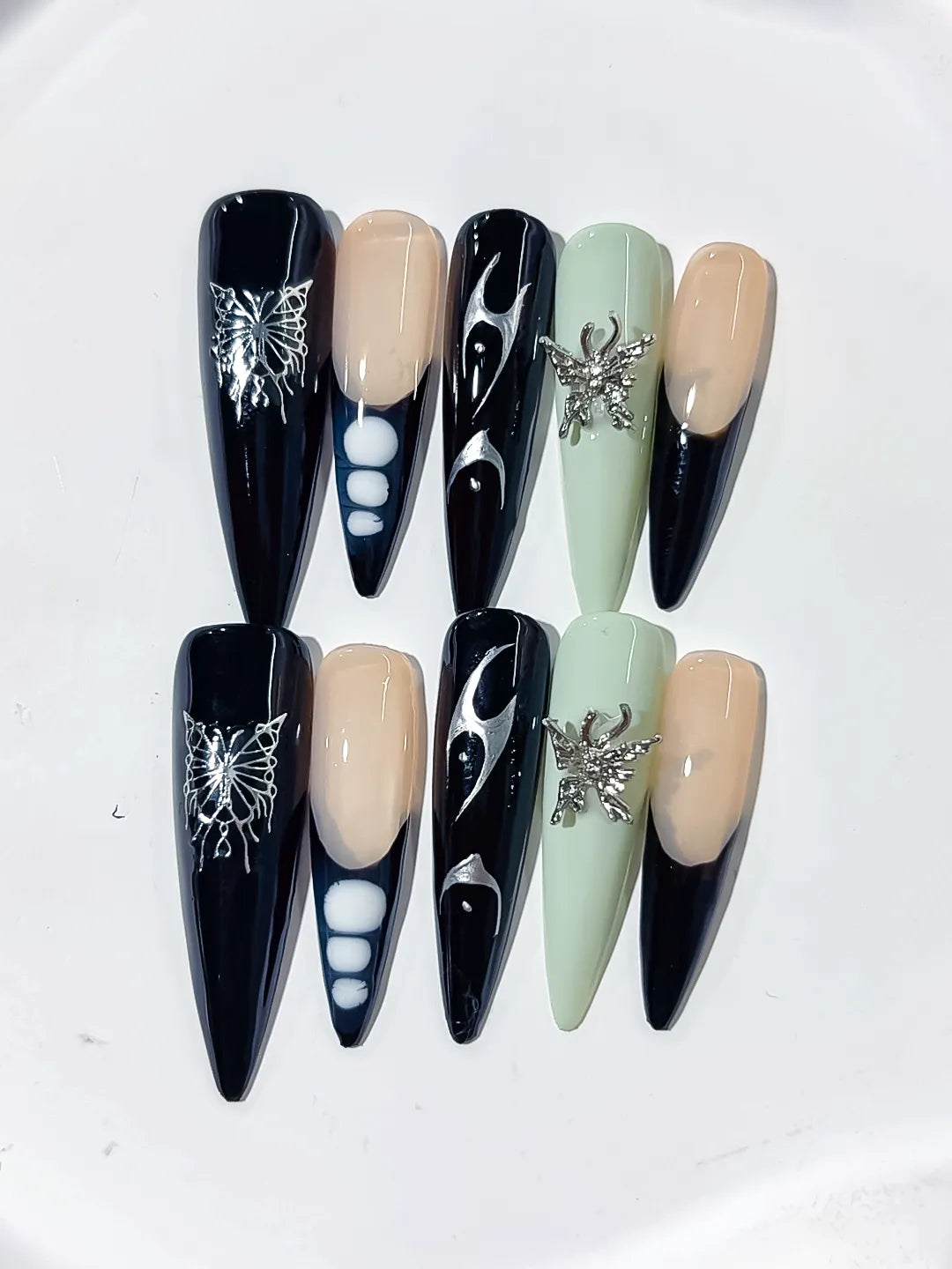 L127 - Long Black Nude Stiletto Abstract Flame Butterfly