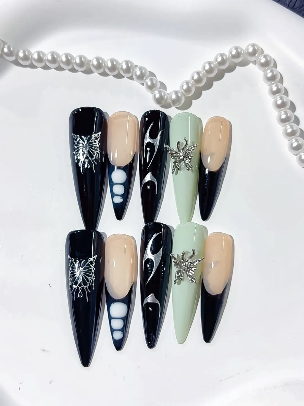 L127 - Long Black Nude Stiletto Abstract Flame Butterfly