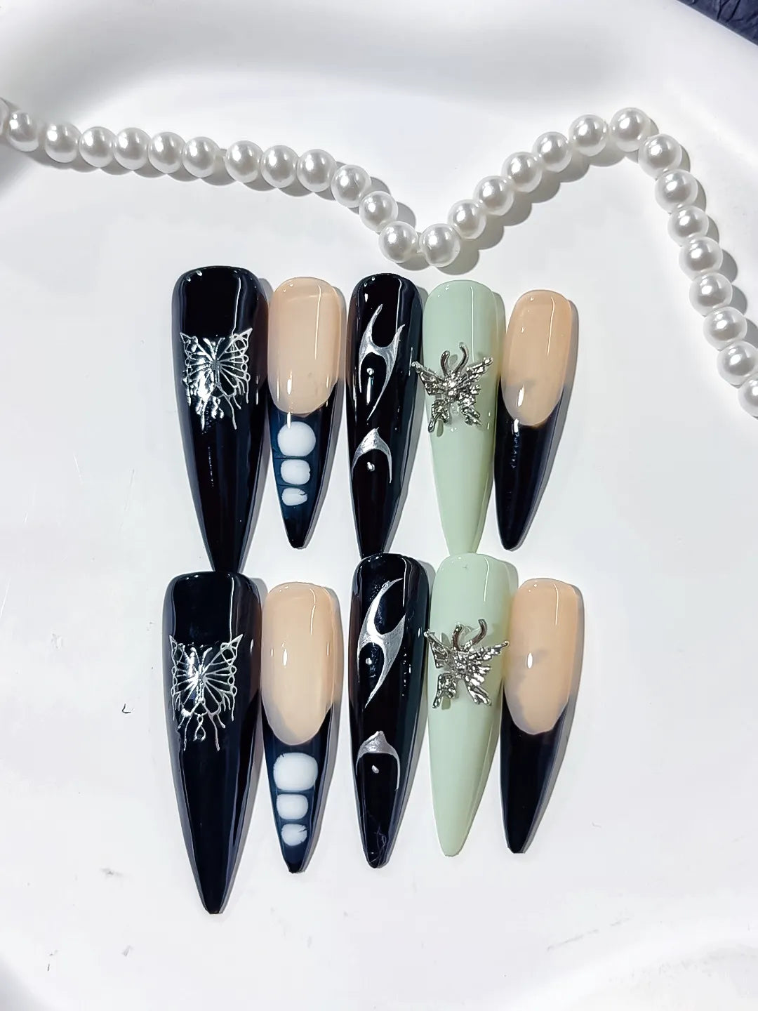 L127 - Long Black Nude Stiletto Abstract Flame Butterfly