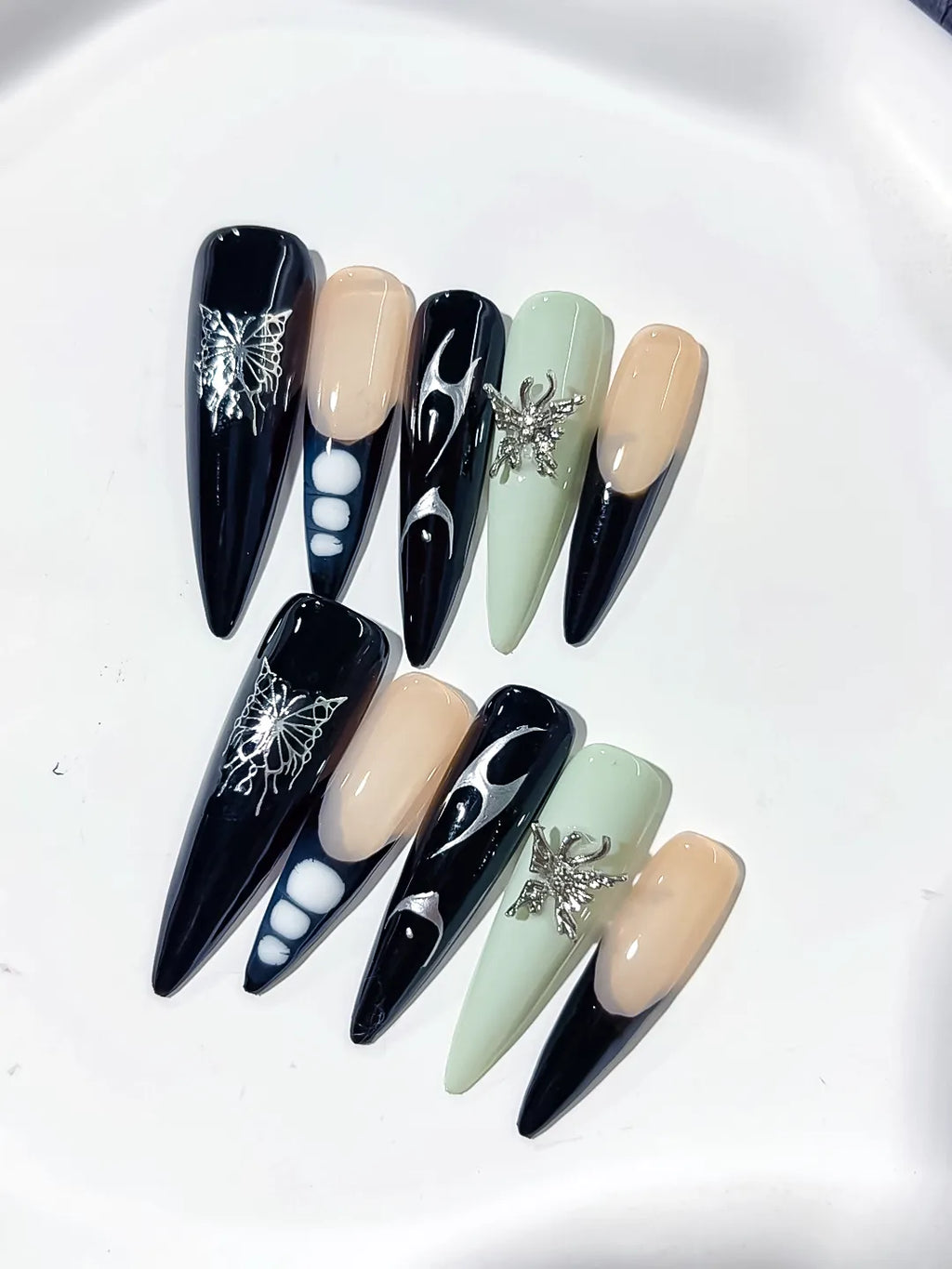 L127 - Long Black Nude Stiletto Abstract Flame Butterfly