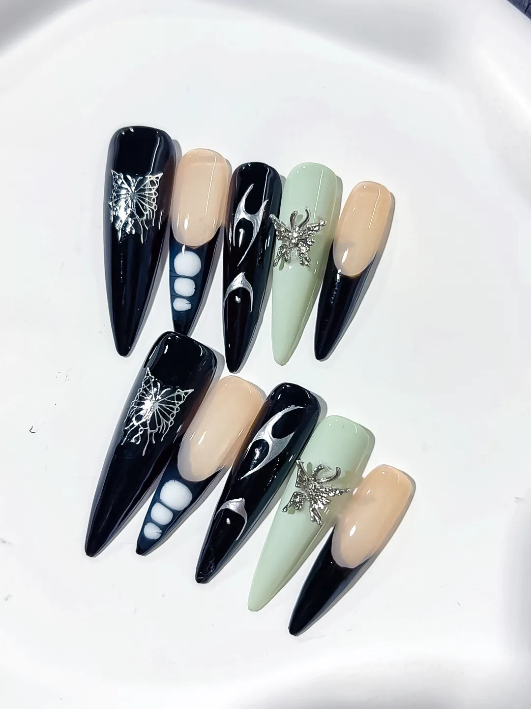 L127 - Long Black Nude Stiletto Abstract Flame Butterfly