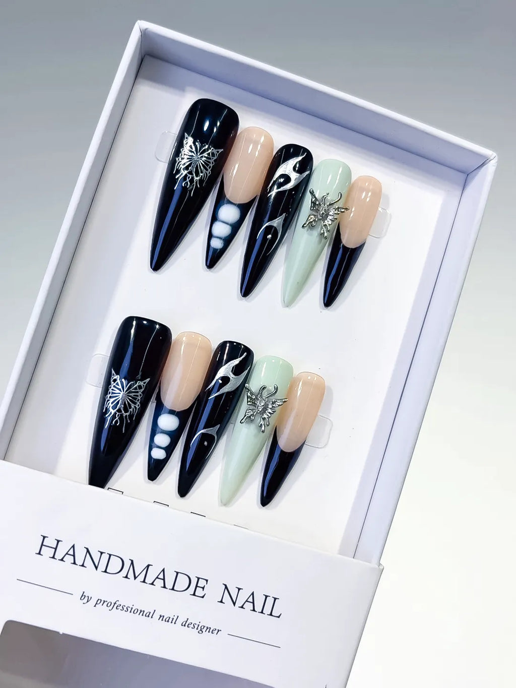 L127 - Long Black Nude Stiletto Abstract Flame Butterfly