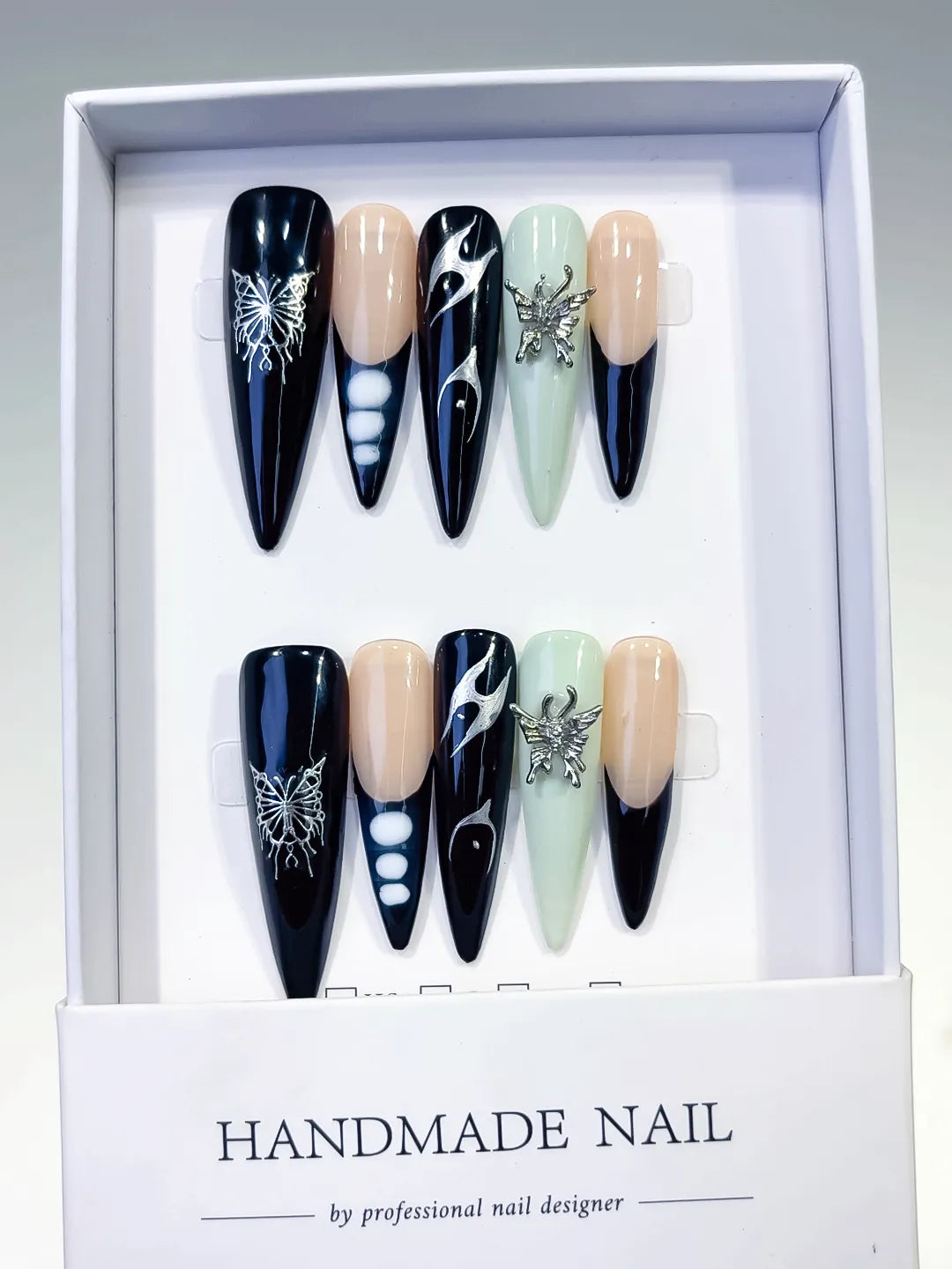 L127 - Long Black Nude Stiletto Abstract Flame Butterfly