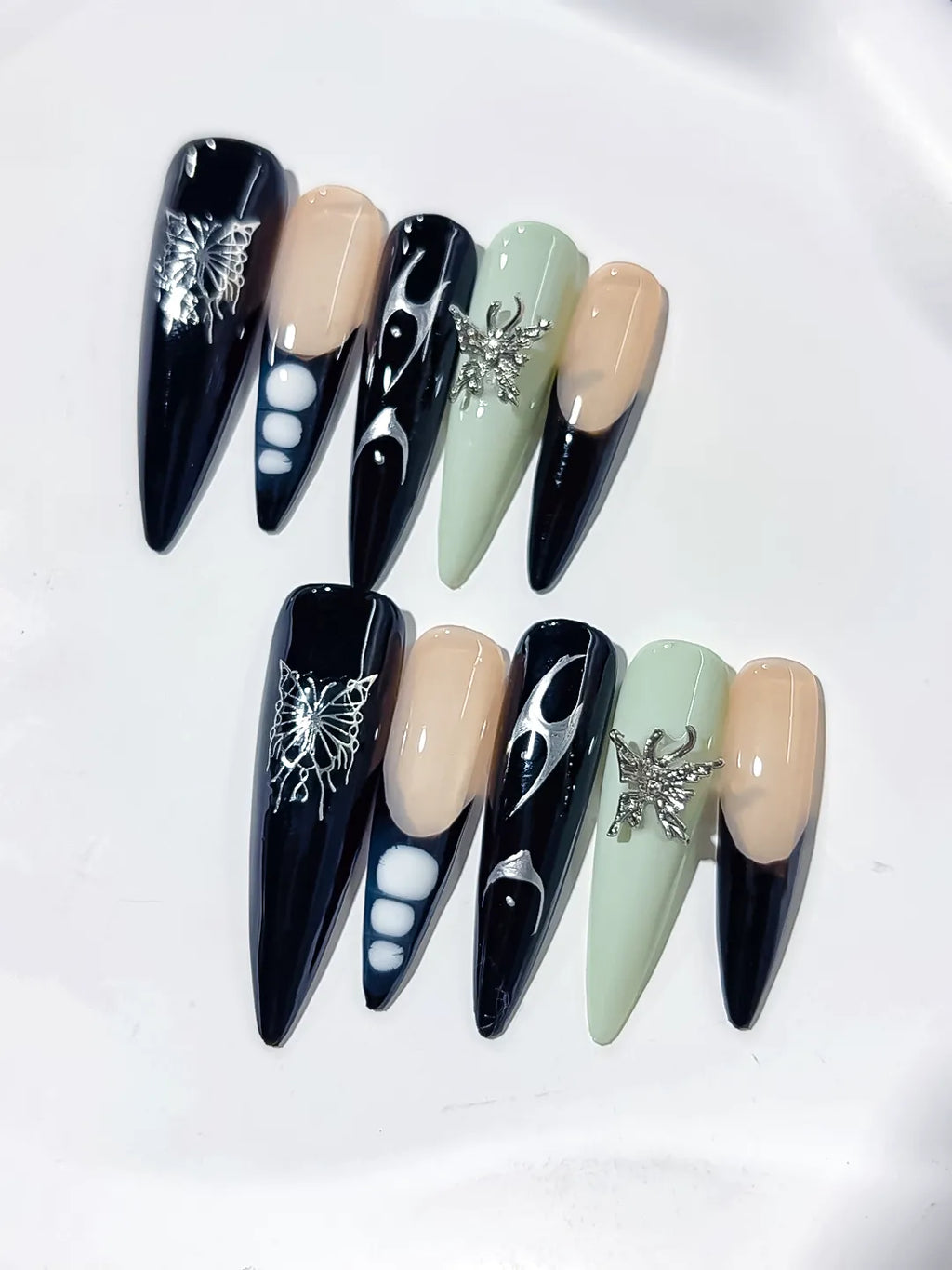 L127 - Long Black Nude Stiletto Abstract Flame Butterfly