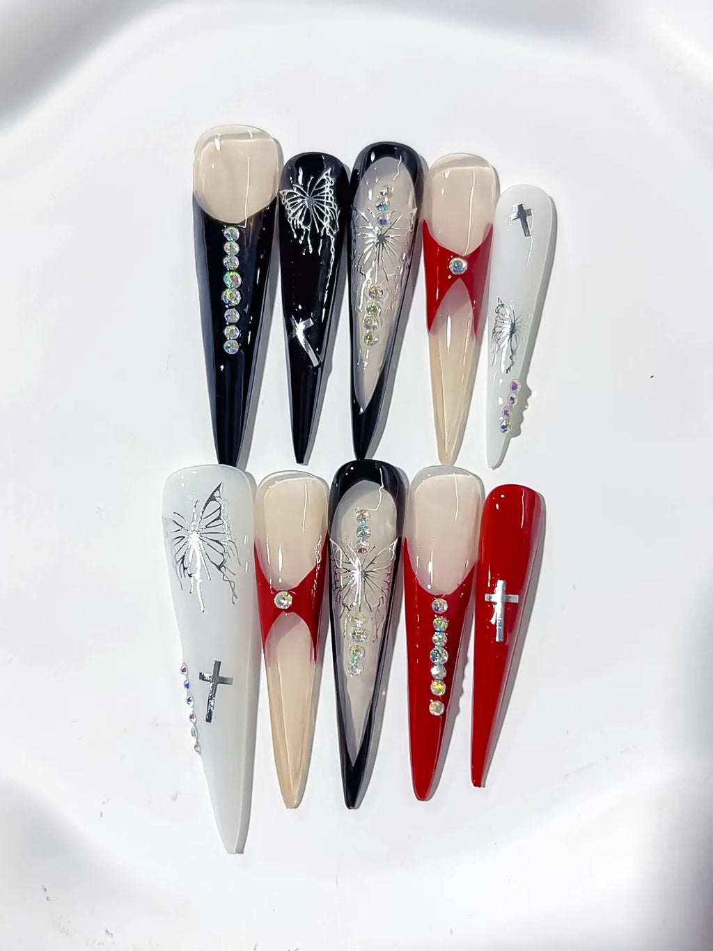 L128 - Long Black White Stiletto Abstract Cross Butterfly