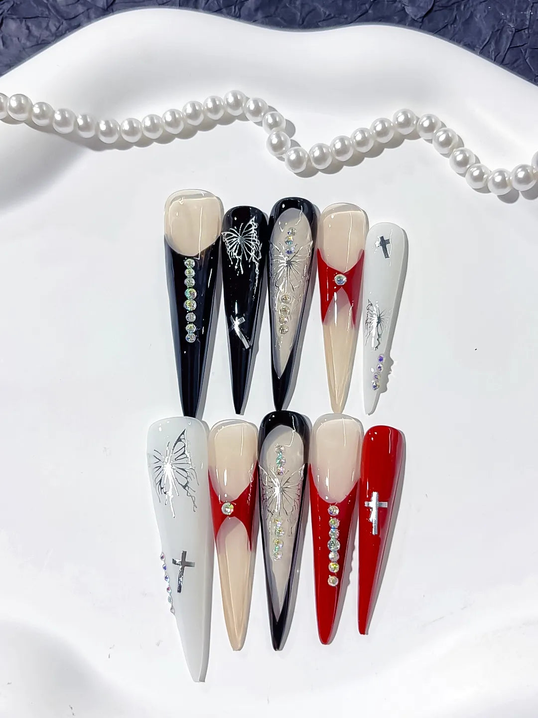 L128 - Long Black White Stiletto Abstract Cross Butterfly