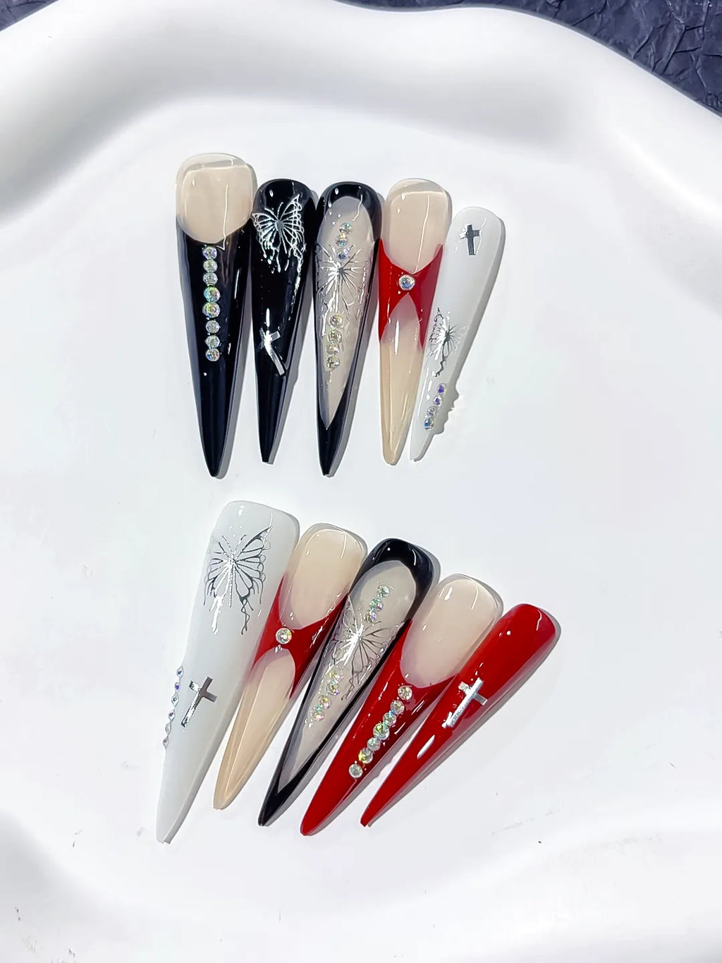L128 - Long Black White Stiletto Abstract Cross Butterfly