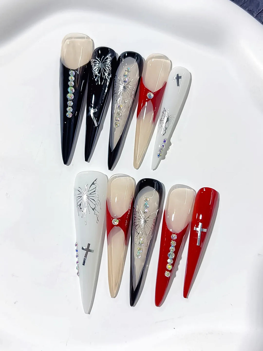 L128 - Long Black White Stiletto Abstract Cross Butterfly