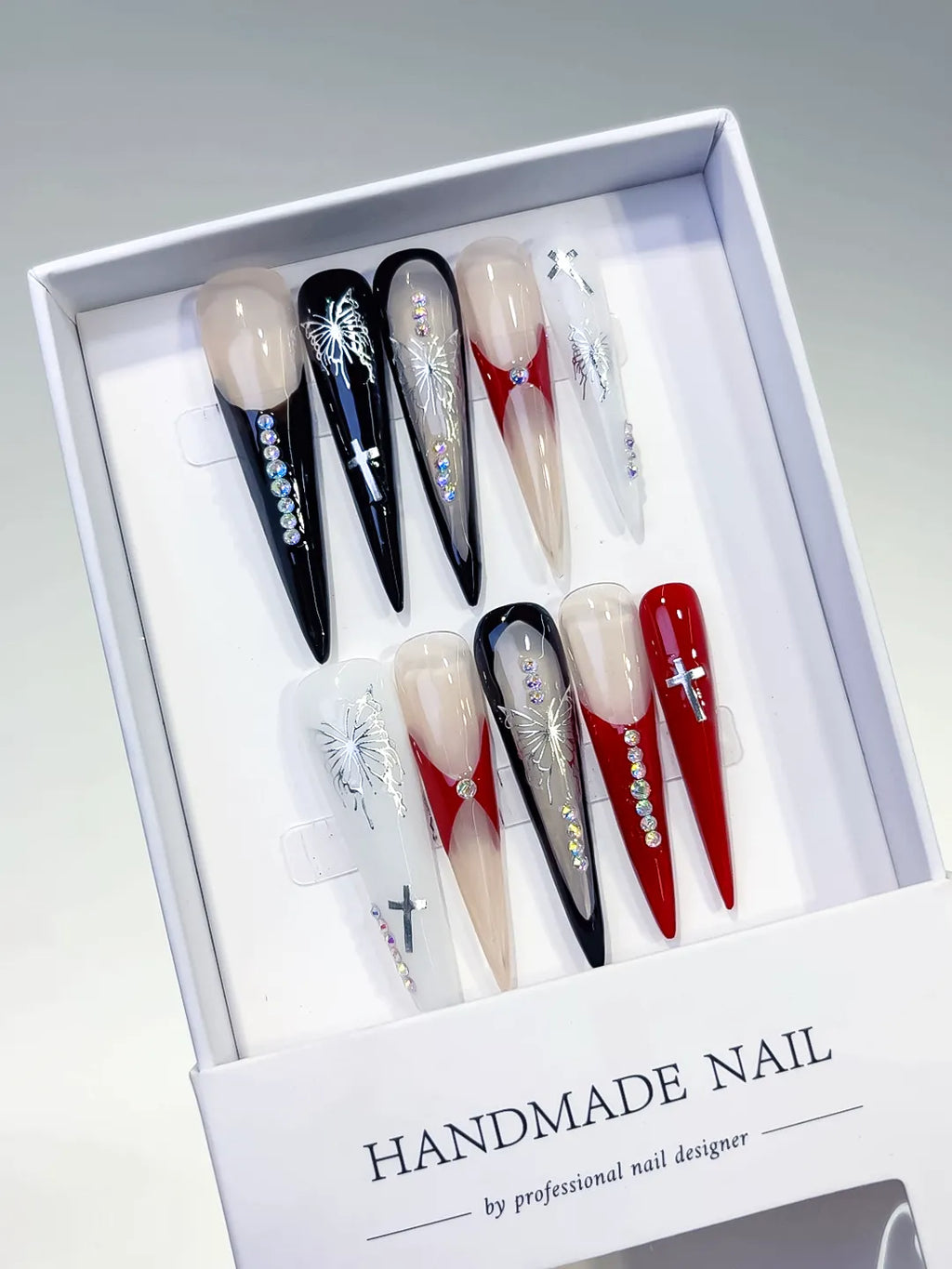 L128 - Long Black White Stiletto Abstract Cross Butterfly