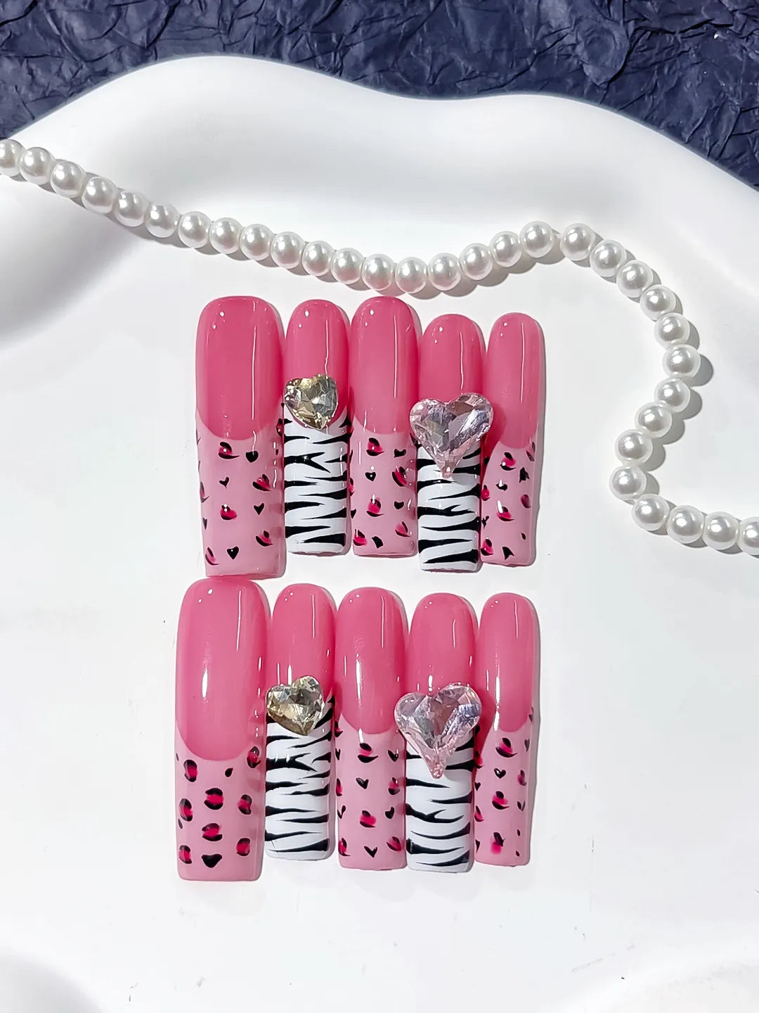 L129 - Long Pink White Square Abstract Animal Print Heart