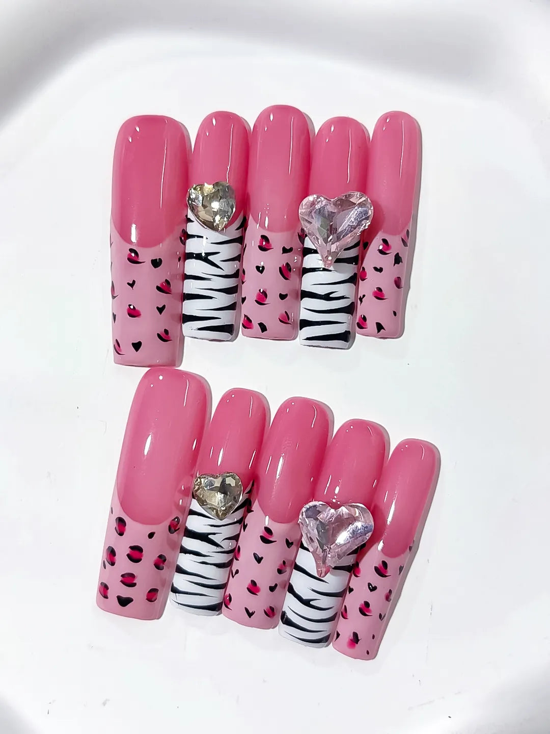 L129 - Long Pink White Square Abstract Animal Print Heart